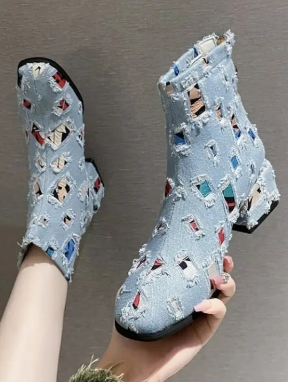 Women'S Distressed Patchwork Ankle Boots Pointed Toe Block Heel Booties